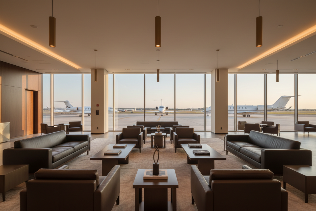 World-class private jet FBO terminal lounge interior with floor-to-ceiling windows overlooking a private ramp — best FBOs for private jet travel 2026