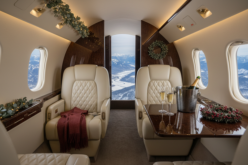 Luxury private jet cabin set for holiday travel with champagne flutes and festive decor — holiday private jet charter guide 2026