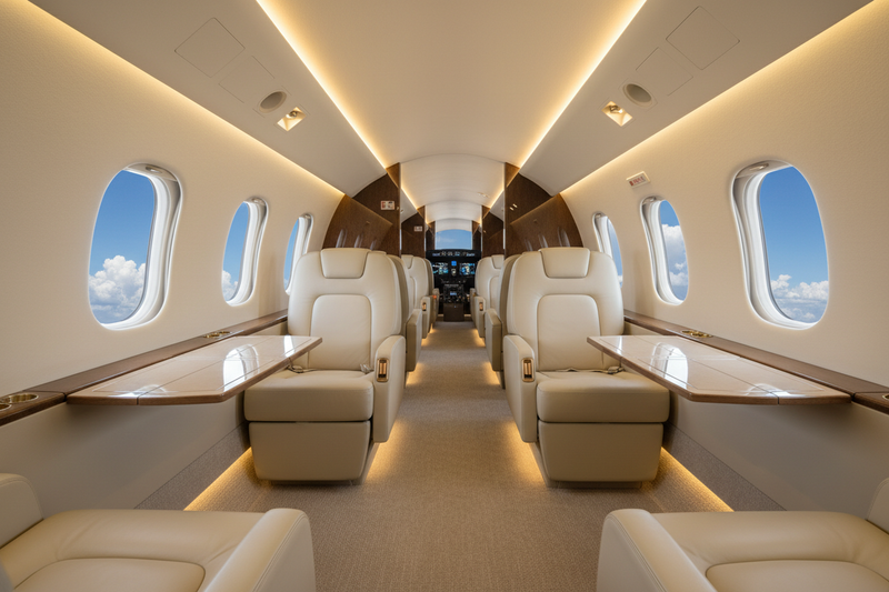 Private jet interior cabin with leather seating and oval windows — true cost of private jet charter 2026 routes rates and pricing breakdown