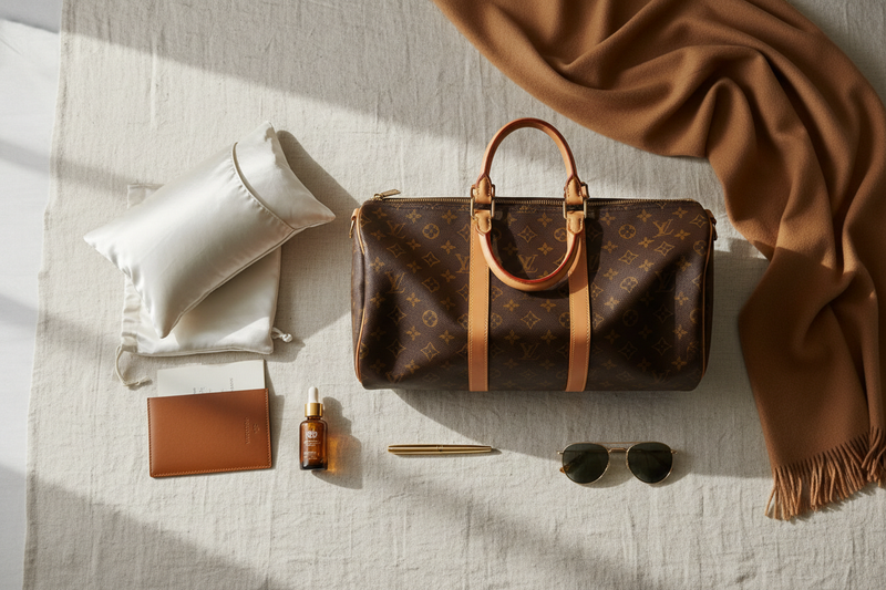 Curated luxury travel essentials flat lay for private jet packing — private charter packing list for discerning travelers 2026