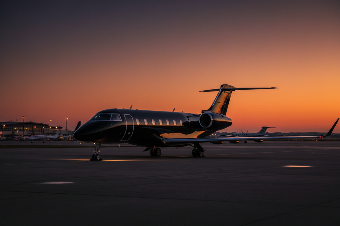 Sleek private jet on a sun-drenched tarmac at dusk — private jet etiquette guide for first-time and experienced flyers 2026