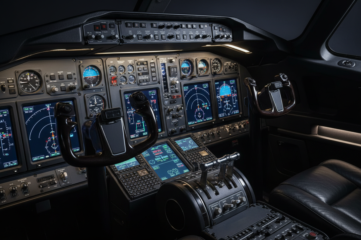 Private jet cockpit instrument panel close-up — ARGUS and Wyvern safety ratings explained for private jet charter 2026