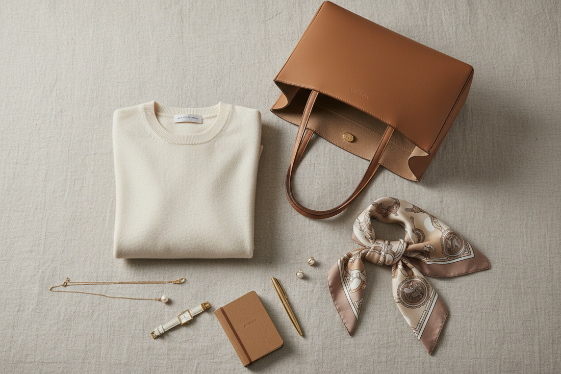 Quiet luxury travel flat lay with cashmere, silk scarf, and structured leather tote — pre-owned investment pieces for private jet travel 2026