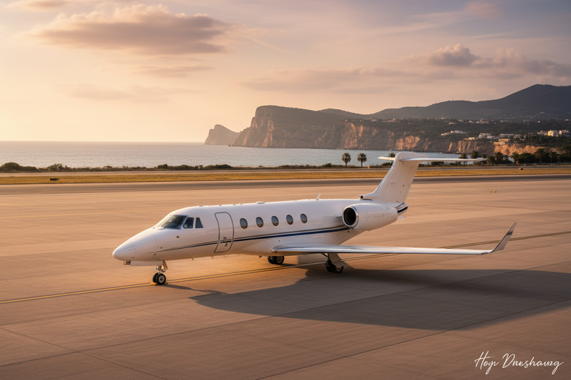 Sleek White Private Jet on a Sun-drenched tarmac at golden hour Mediterranean Coastline in the Background